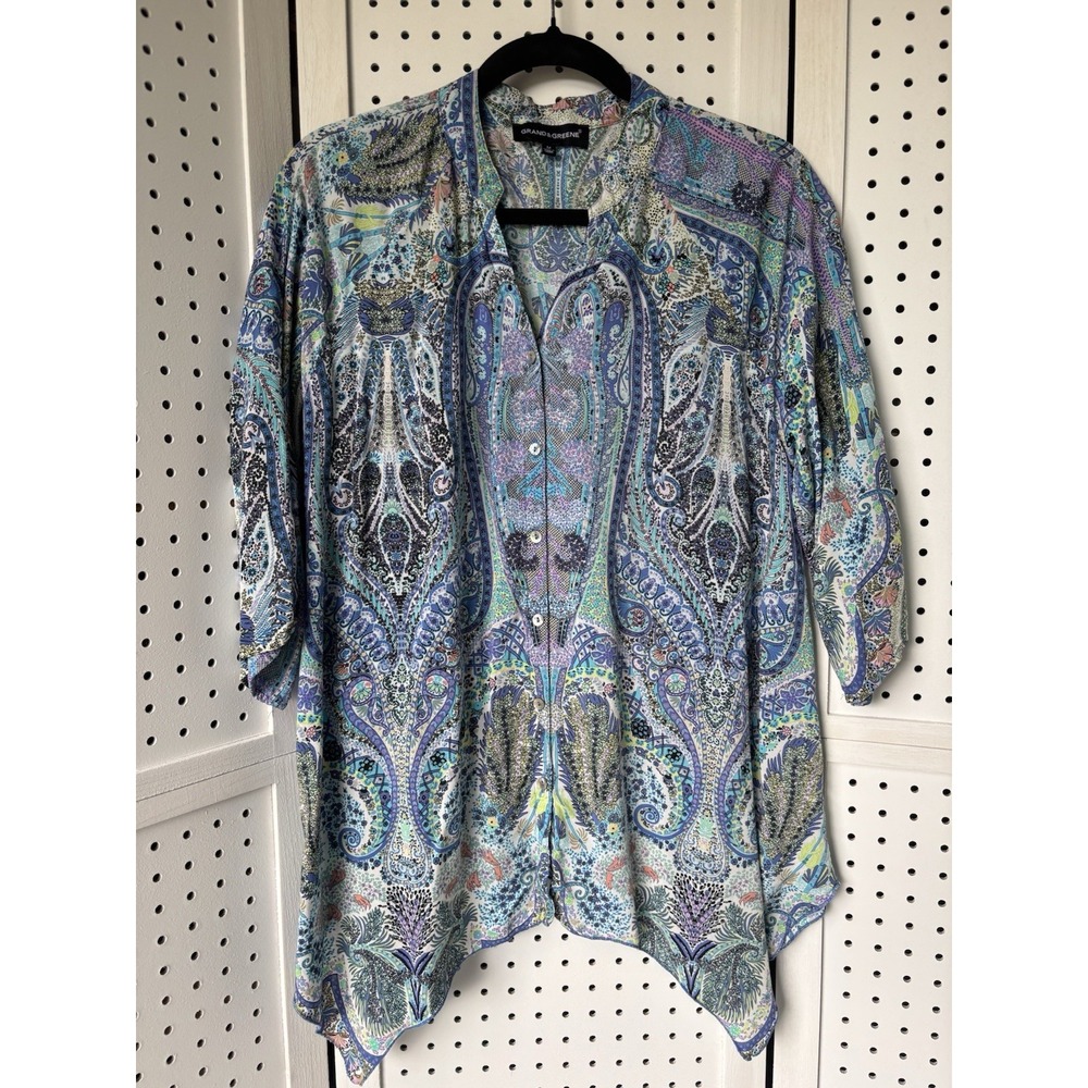 GRAND & GREENE Paisley V Neck Roll Tab 3/4 Sleeve Shirt Tunic Button Med Women's